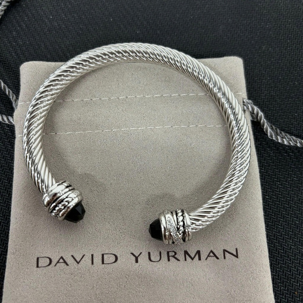 David Yurman Silver Cable Bracelet with Black Ends